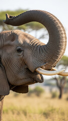 Fototapeta premium Close-up of Elephant with Curled Tusk in Savanna