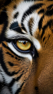 Close-up of a tiger's eye with striped fur