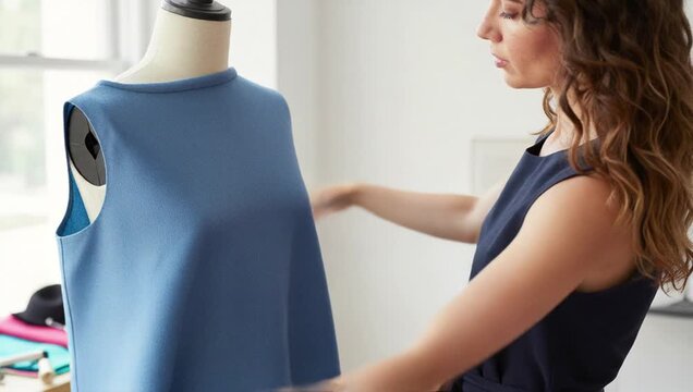 woman blue dress standing front mannequin holding cloth hands left side image table var