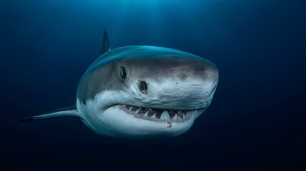 Naklejka premium Close-up of Great White Shark Showing Teeth in Clear Blue Sea Water