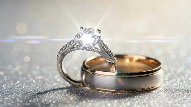 Elegant wedding rings, one with a diamond, symbolizing love and commitment on shimmering surface.