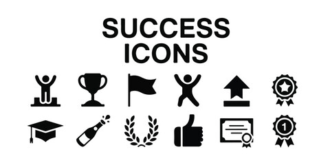A modern set of black silhouette vector icons representing success, achievement, and celebration, featuring symbols of victory, awards, and professional milestones