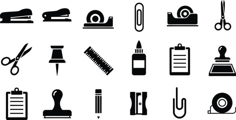 Fototapeta premium A comprehensive collection of various office stationery icons and tools in black silhouette form
