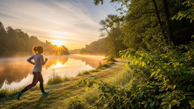 Woman jogging along a scenic riverbank at sunrise