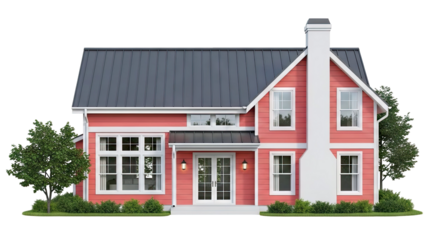 Modern Coral House with Dark Metal Roof and Large Chimney