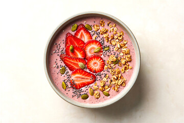 Strawberry smoothie bowl with granola and seeds on top in a white bowl on a table