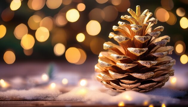 Glitzernder Tannenzapfen Mit Goldenen Weihnachtslichtern Und Winterlichem Bokeh