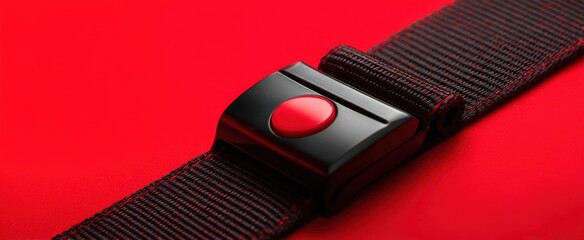 The seatbelt buckle closeup on red background representing modern safety and travel convenience