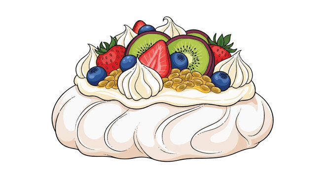 Meringue Pavlova Cake Dessert with Whipped Cream Topped with Kiwi, Strawberry and Blueberry