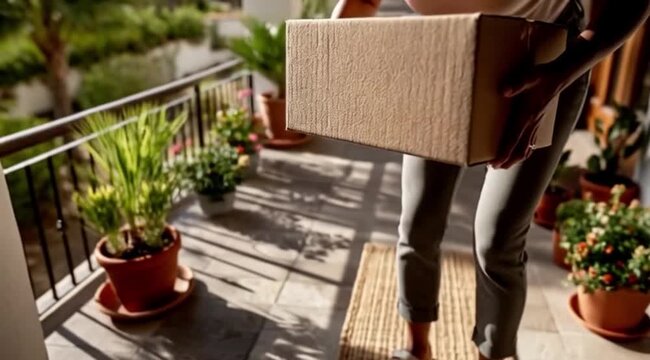 Mulher Feliz ao Receber Encomenda em Casa, Compras Online, Entrega Residencial e Satisfa&ccedil;&atilde;o do Cliente