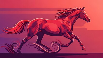 Majestic red horse running freely in vibrant gradient landscape