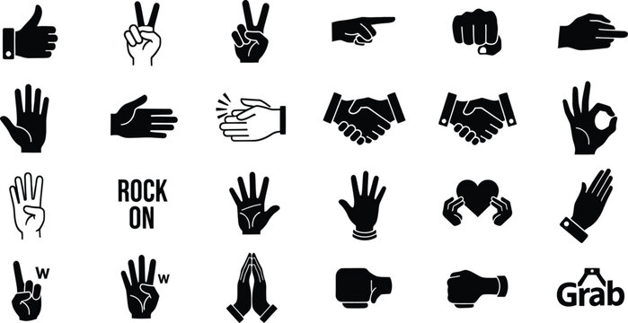 A collection of hand gestures and signals icons in black and white silhouette style
