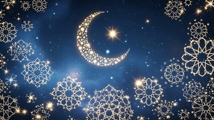 Sparkling Crescent Moon and Glowing Islamic Geometric Patterns in a Starry Night Sky