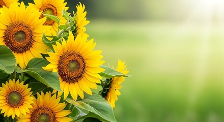 A vibrant close-up of a bouquet of bright yellow sunflowers with green leaves and a soft, blurred green background with sun rays