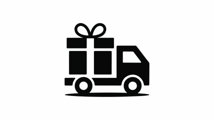 Minimalist black and white flat vector icon illustrating a small delivery truck transporting a gift box, symbolizing fast shipping, online shopping, and efficient present delivery services