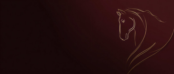 Golden minimalist one line horse drawing on dark red background, Chinese new Year concept.