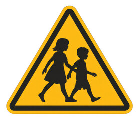Yellow pedestrian crossing sign with children on black isolated on a transparent background