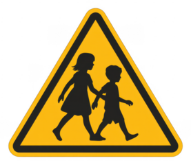 Yellow pedestrian crossing sign with children on black isolated on a transparent background