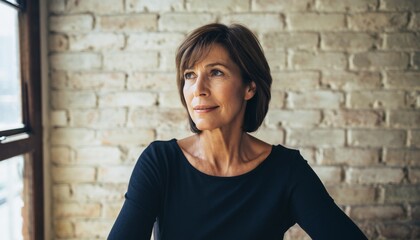 Beautiful mature woman with short brown hair looking thoughtfully out a window with a gentle, serene smile, standing in a sunlit room against a rustic brick wall