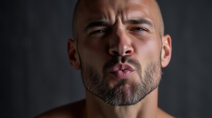 Fototapeta premium Male with pursed lips showing a kiss gesture. Man with funny facial expression for humor concept. Playful emotion for advertising.