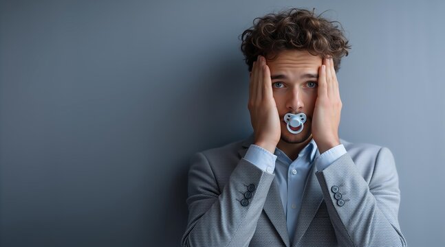 Young man with curly hair and pacifier in mouth holding head. Business immaturity concept, inability to handle stress, childish behavior.