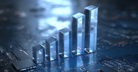 The glass bar chart rising from a futuristic circuit board representing digital growth