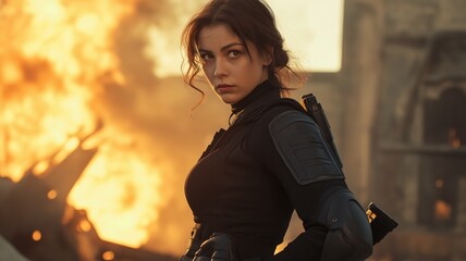 Female action hero in black tactical suit standing confidently in front of urban destruction with fire and smoke, cinematic scene