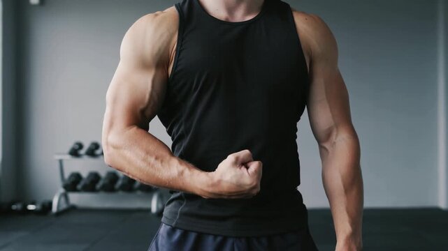anonymous man wearing a black tank top shirt flexing his bicep muscle standing in front of a gray studio background with low lighting