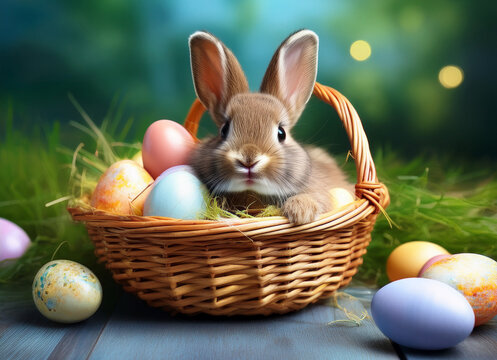 Osterhase im Osterkorb mit bunten Ostereiern - 1