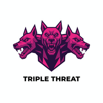Ferocious three-headed cerberus wolf mascot for competitive e-sports team or gaming channel branding, featuring the text Triple Threat.
