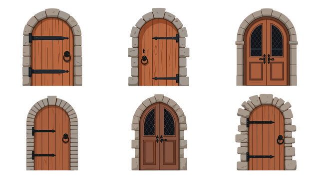 Architectural set of medieval and rustic arched wooden door designs featuring heavy iron hinges and stone frames.