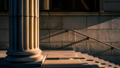 Naklejka premium Classical fluted stone column and stairs of an institutional building are bathed in warm, golden hour sunlight, creating deep, dramatic shadows and highlighting textures