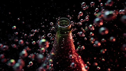 Close up view of green glass bottle neck surrounded by sparkling soda bubbles rising against dark background with colorful neon highlights