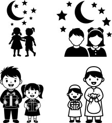 Muslim Children Celebration Icon Set with Kids Holding Gift Boxes and Silhouettes Under Moon and Stars for Eid and Ramadan Designs