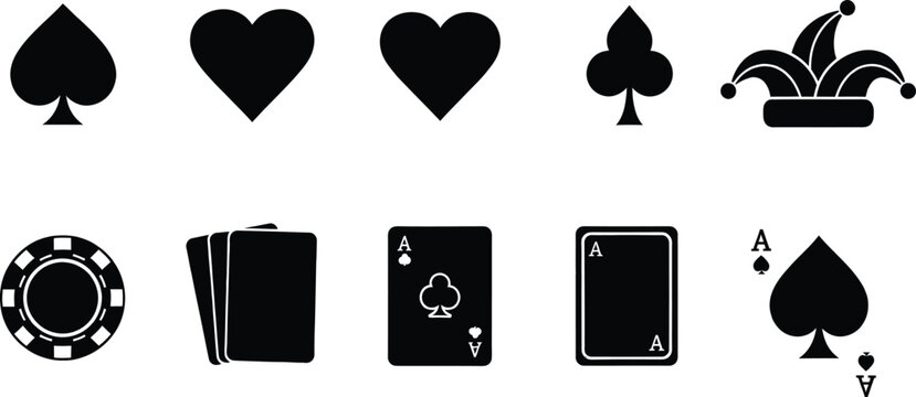 A collection of black playing card and gambling icons including suits and poker elements