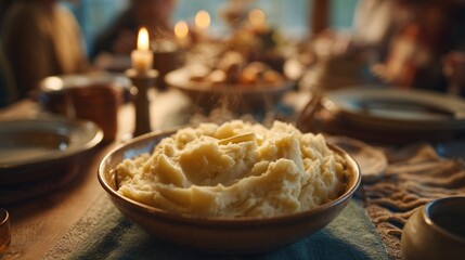 Steaming bowl of creamy mashed potatoes with melting butter on a festive family dinner table in warm candlelight