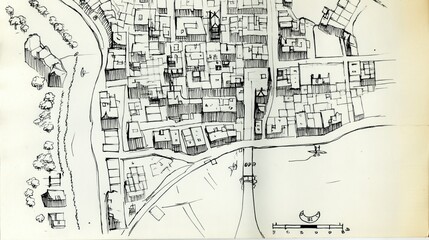 Hand drawn sketch map of historic European style riverside town with dense streets and tightly packed houses on aged paper