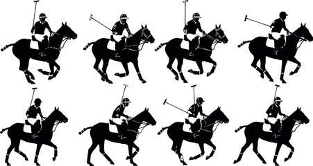 Polo sport player silhouettes on horseback action sequence, equestrian competition motion, horse riding illustration black white