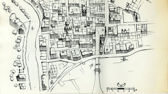 Hand drawn sketch map of historic European style riverside town with dense streets and tightly packed houses on aged paper