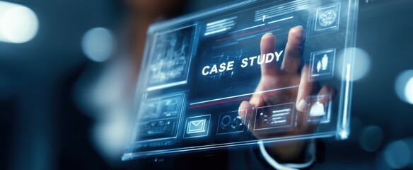 Fototapeta premium The Digital Case Study Interface with Futuristic Transparent Touchscreen and Business Analytics