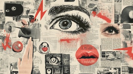 Surreal collage of expressive eyes, red lips, and newspaper clippings with bold red lightning accents and urban textures on a vintage background