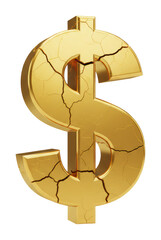 Cracked Golden Dollar Sign Symbolizing Economic Crisis represents financial recession debt collapse and severe inflation trouble affecting global market value plus currency stability risk
