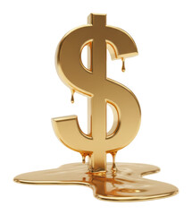 Melting Golden Dollar Sign Symbolizing Inflation Loss represents currency devaluation and heat of economic crisis causing rapid liquid asset reduction plus financial market instability