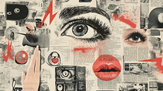 Surreal collage of expressive eyes, red lips, and newspaper clippings with bold red lightning accents and urban textures on a vintage background