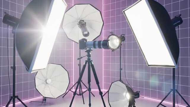 Professional photography studio setup with lighting equipment and camera on tripod, modern background.