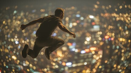 Silhouette of athletic young man executing powerful parkour leap from skyscraper rooftop against vibrant multicolored night city skyline