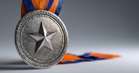 The Silver Medal with Orange and Blue Ribbon on Soft Studio Background