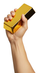 Male Hand Holding Shiny Gold Bullion Bar symbolizes heavy wealth financial power and luxury asset for future global market economy plus massive banking profit