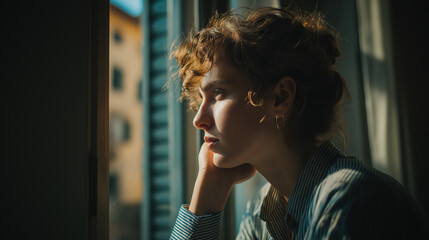 Thoughtful person gazing out sunlit window with city view, reflecting solitude, contemplation, and mental health themes in warm afternoon light