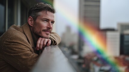 Stylish young businessman in shimmering blazer leaning thoughtfully on rooftop railing with city skyline and colorful bokeh reflections